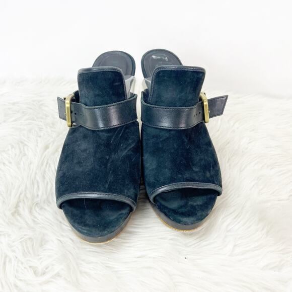 Ugg 8.5 Womens Black Suede Leather Karlee Slide Mule Stack Heels Peep Toe Buckle - Picture 6 of 12